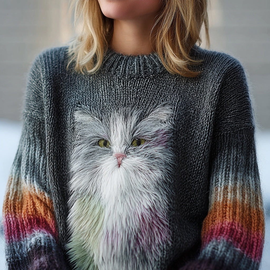 Comstylish Cute Fuzzy Cat Embroidered Crew Neck Cozy Sweater