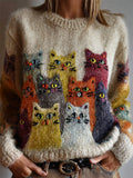 Comstylish Vintage Colorful Crowded Cats Cozy Knit Sweater