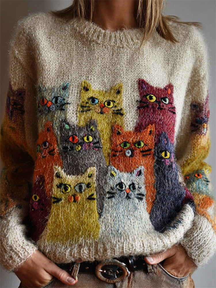 Comstylish Vintage Colorful Crowded Cats Cozy Knit Sweater