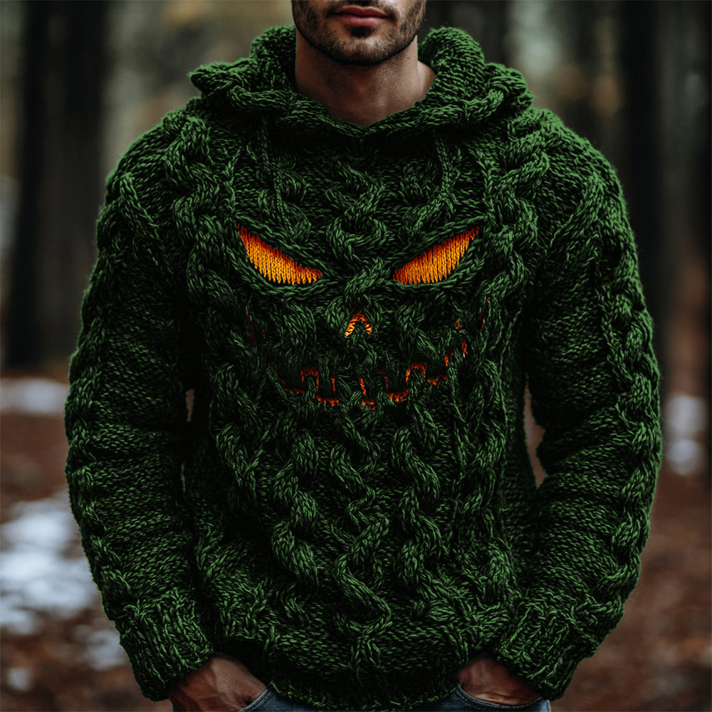 Halloween Evil Pumpkin Emoji Men's Chunky Knit Hooded Sweater elevenforest