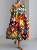 Women's Colorful Heart Oil Painting Art Linen Blend Dress elevenforest