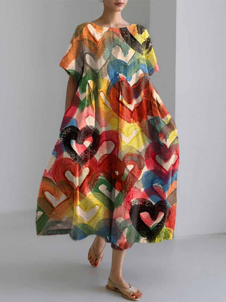 Women's Colorful Heart Oil Painting Art Linen Blend Dress elevenforest