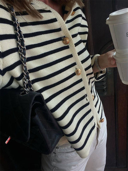Tossy Striped Knit Sweater Cardigan Coat Female Loose Long Sleeve Slim Patchwork Contrast Outwear Summer Knitwear Coat
