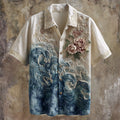 Vintage Peony Flower Embroidery Japanese Ocean Art Men's Linen Short Sleeve Shirt elevenforest