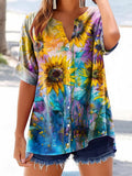 Women's Colorful Daisy Floral Art Print Casual Cotton And Linen Shirt