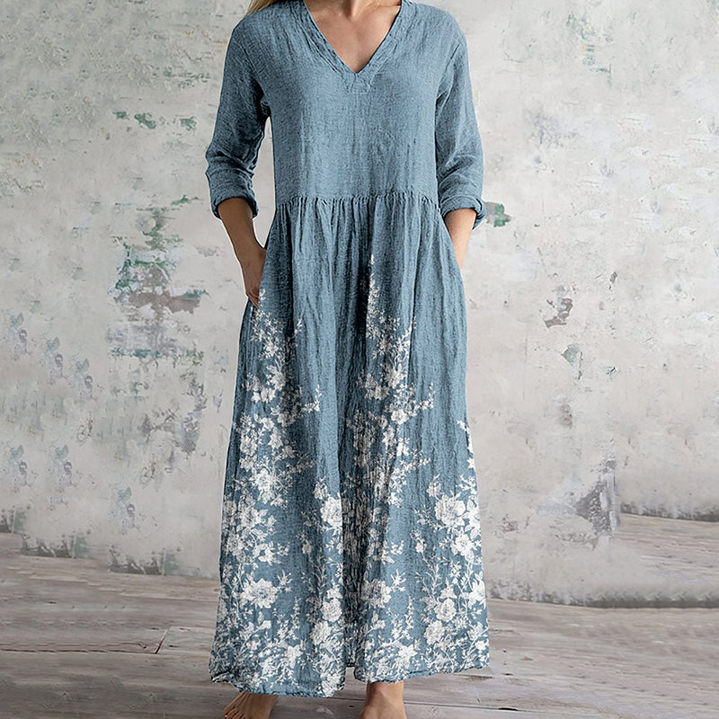 Vintage Floral Embroidered Lace Art Women's Linen Dress elevenforest