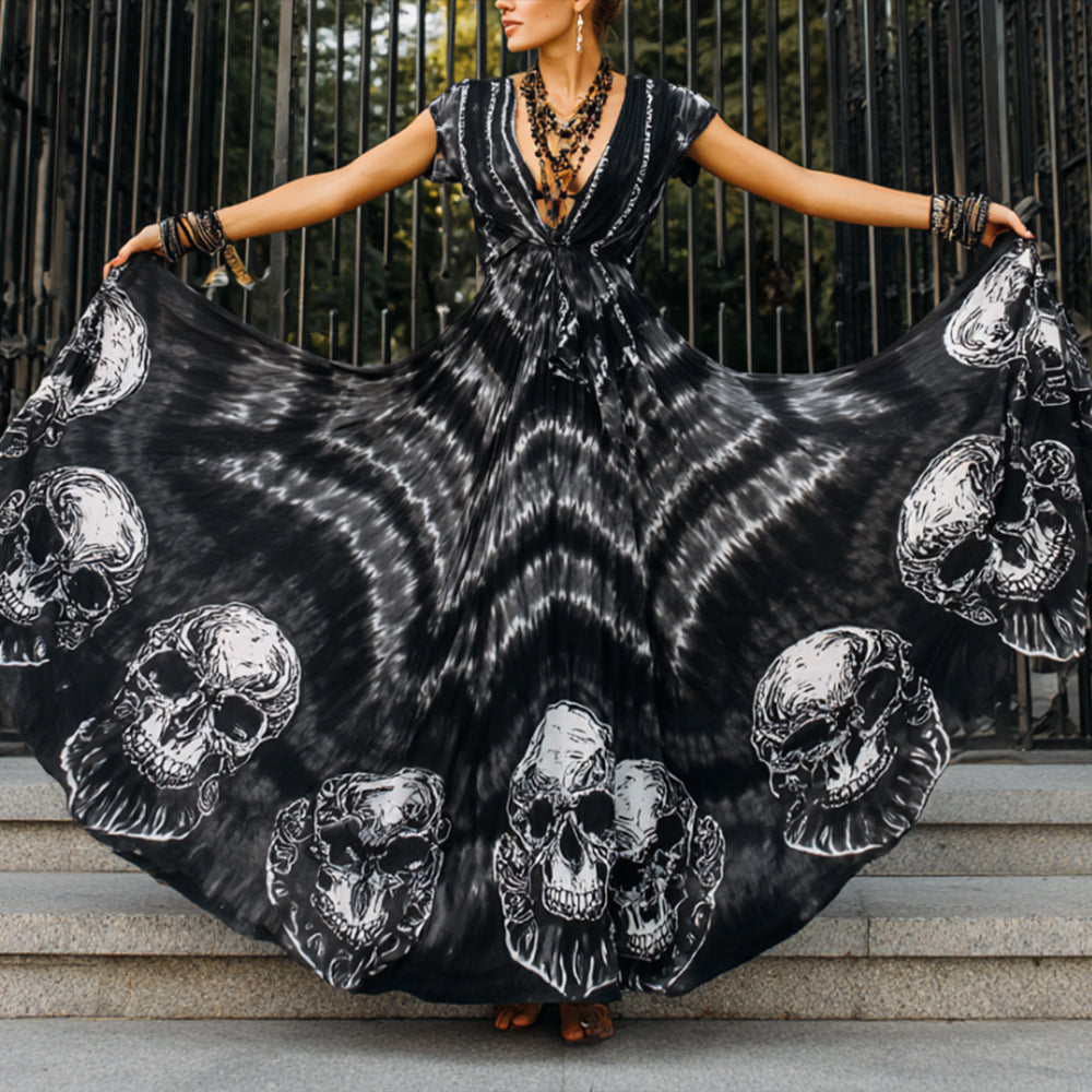 Women's Skull Tie-dye Black Vintage Floral Short-sleeved Long Dress elevenforest