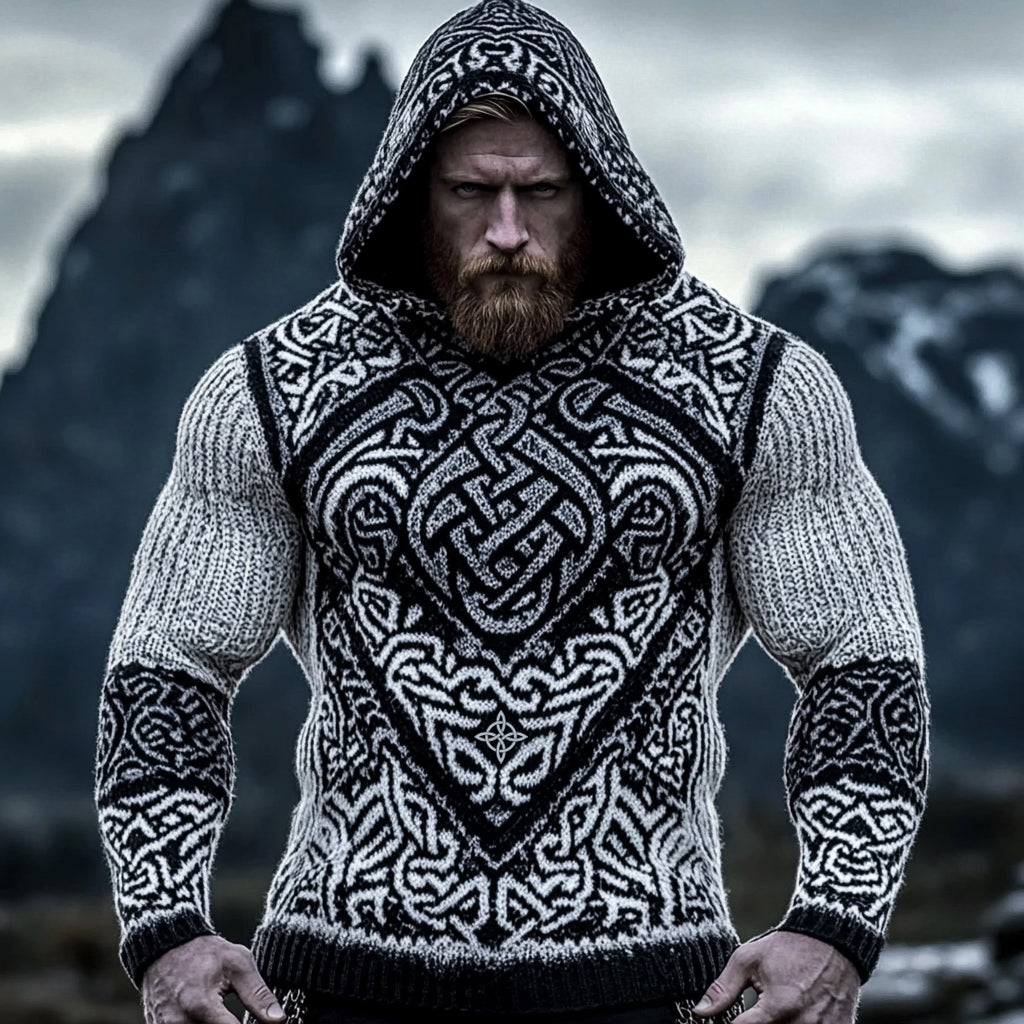 Men's Viking Chunky Knit Celtic Knotwork Patterns Cozy Knit Hooded Sweater elevenforest