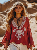 Boho Floral Embroidery Print Cotton And Linen Blend Loose Blouse elevenforest