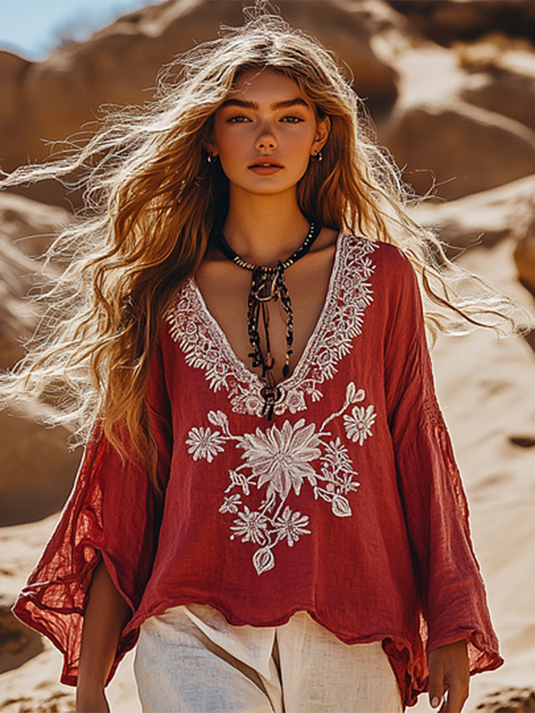Boho Floral Embroidery Print Cotton And Linen Blend Loose Blouse elevenforest