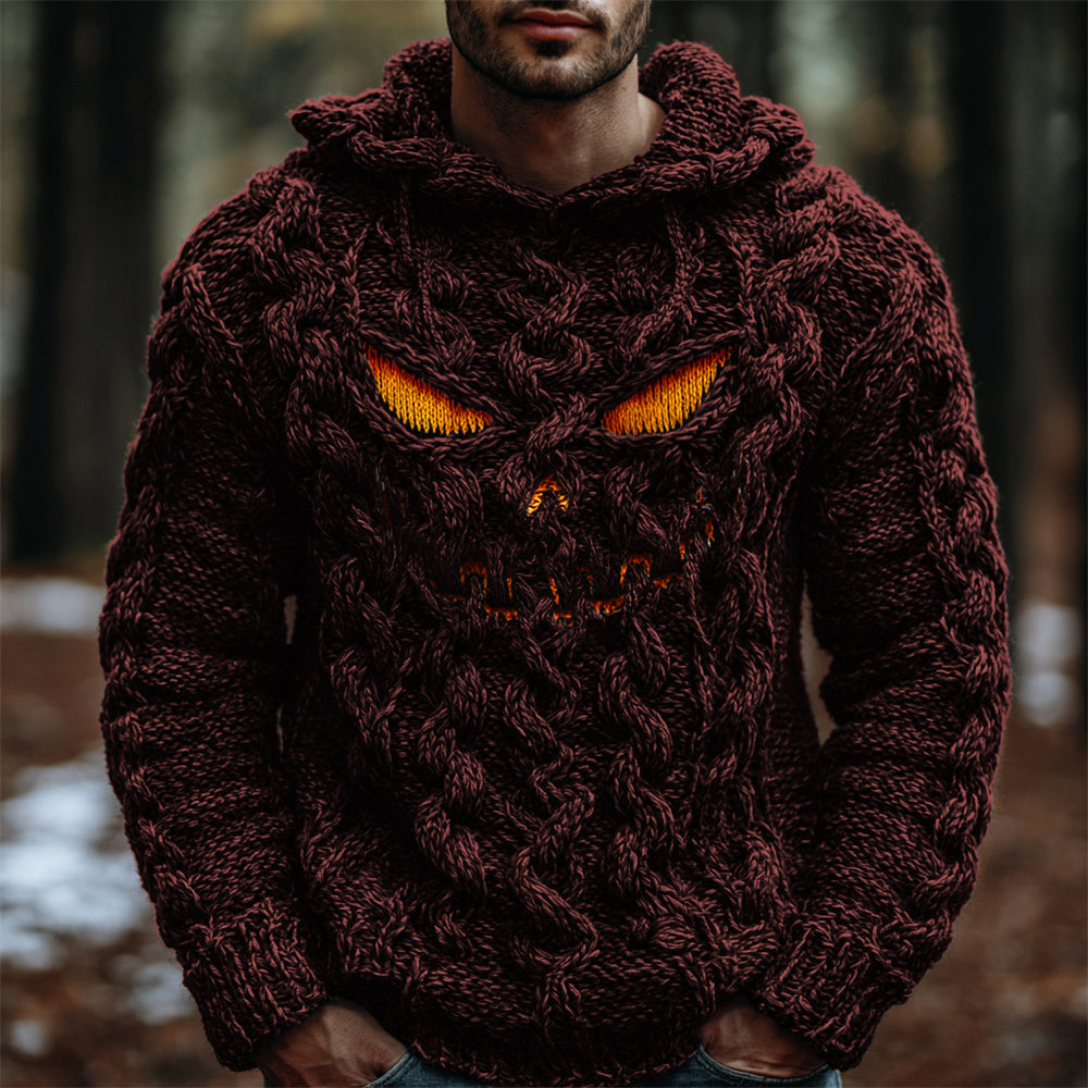 Halloween Evil Pumpkin Emoji Men's Chunky Knit Hooded Sweater elevenforest