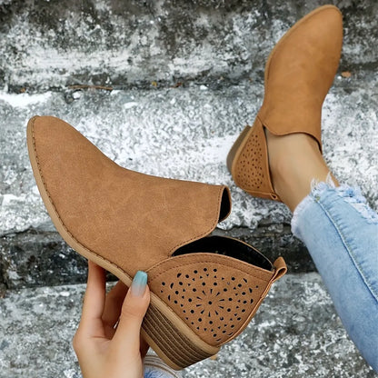 Ankle V Cut Short Boots, Hollow Out Chunky Heel Pointed Toe Shoes, Footwear Se1033