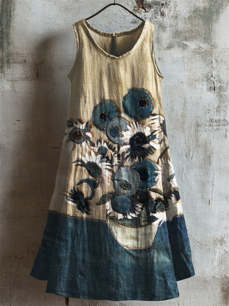 Sunflowers Denim Fiber Art Linen Tank Dress elevenforest