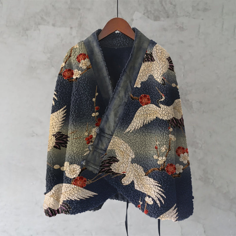 Vintage Japanese Crane Plum Blossom Art Casual Design Kimono elevenforest