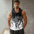 Men's Retro  Japanese Art Octopus Legs Loose Linen Cozy Hooded V-neek Sleeveless Top elevenforest