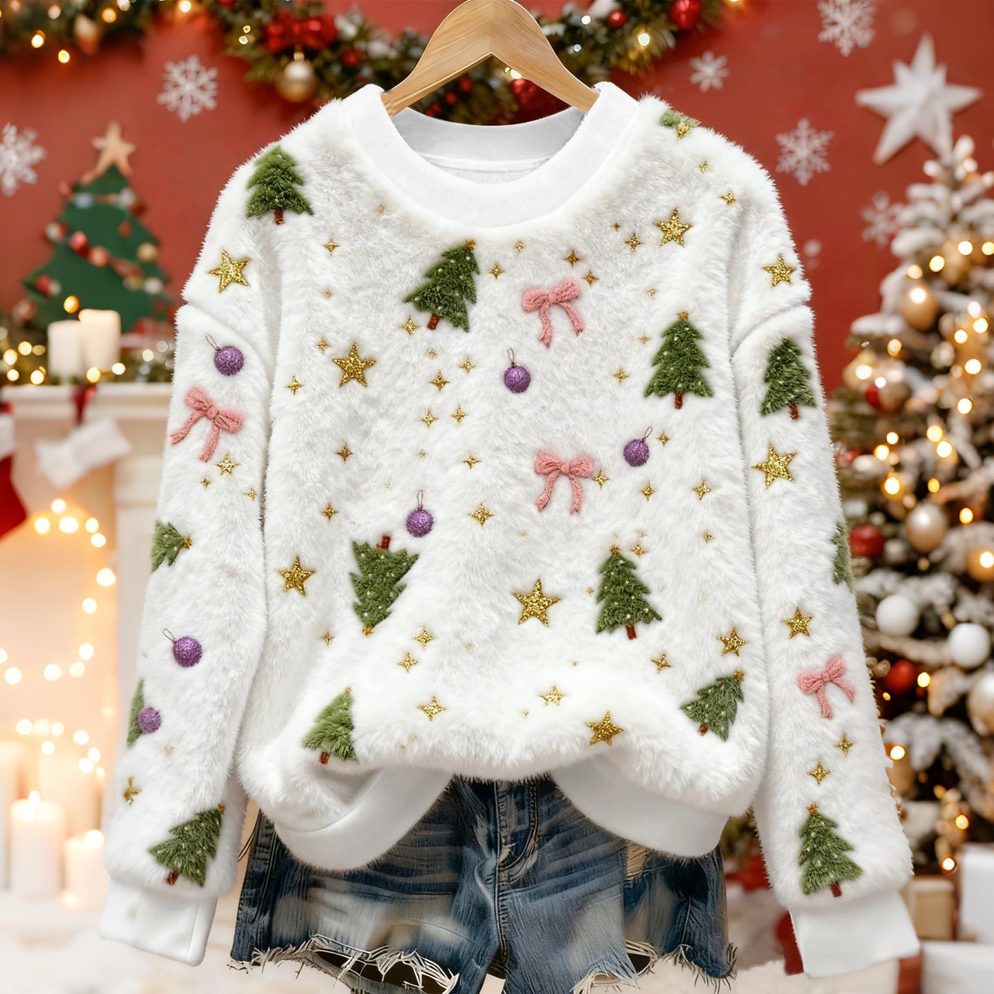 Comstylish Cute Bow And Christmas Tree Pattern Warm Crew Neck Sweater