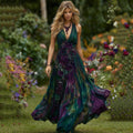 Women's Vintage Purple Floral Gradient Art Linen Sleeveless Dress elevenforest