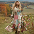 Women's Vintage Patchwork Floral Art Cozy Knit Maxi Sweater Dress elevenforest