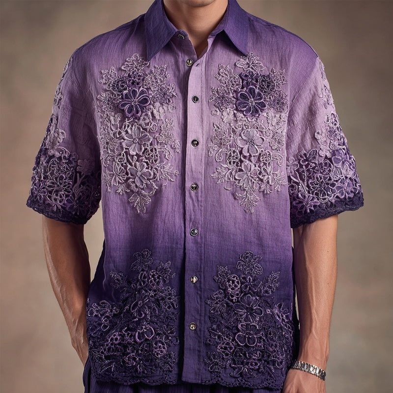 Men's Purple Floral Lace Embroidered Cozy Linen Shirt elevenforest