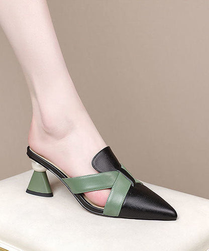 Colorblock Chunky Cowhide Leather Comfortable Splicing High Heel Slippers Lc0191