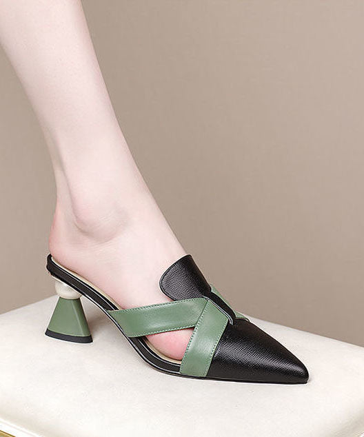 Colorblock Chunky Cowhide Leather Comfortable Splicing High Heel Slippers Lc0191