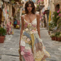 Women's Retro Rose Flower Stitching Casual Suspender Dress elevenforest
