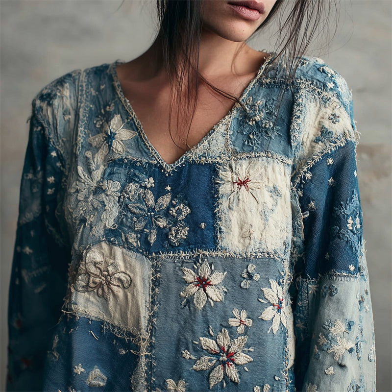 Floral Lace Japanese Sashiko Inspired Patchwork Linen Tunic elevenforest