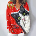 Christmas Cat Print V-Neck Casual Knitted Sweater elevenforest