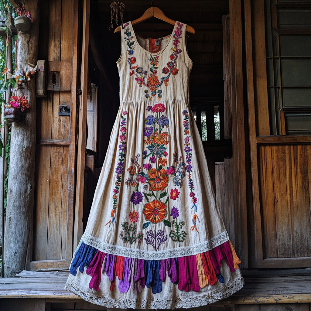 Vintage Boho Purple Floral Embroidery Design Women's Tank Dress elevenforest