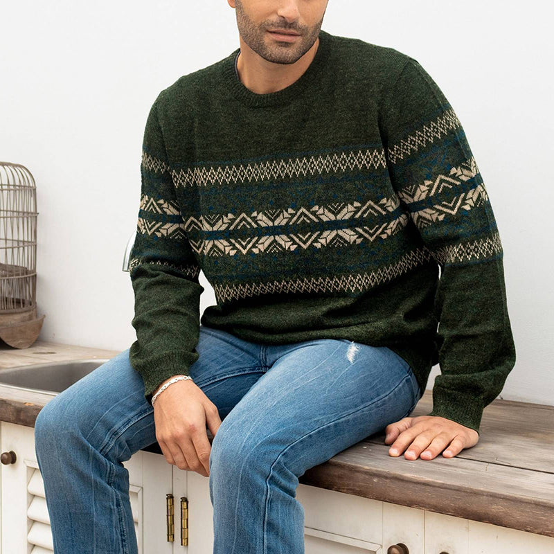 Men'S Vintage Green Knitted Jacquard Crew Neck Sweater elevenforest