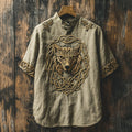 Men's Viking Celtic Knot Wolf Head Linen Shirt elevenforest