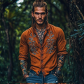 Men's Bohemian Embroidered Linen Button-down Long Sleeve Shirt elevenforest