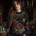 Halloween Antique Spider And Red Rose Vintage Round Neck Sweater elevenforest