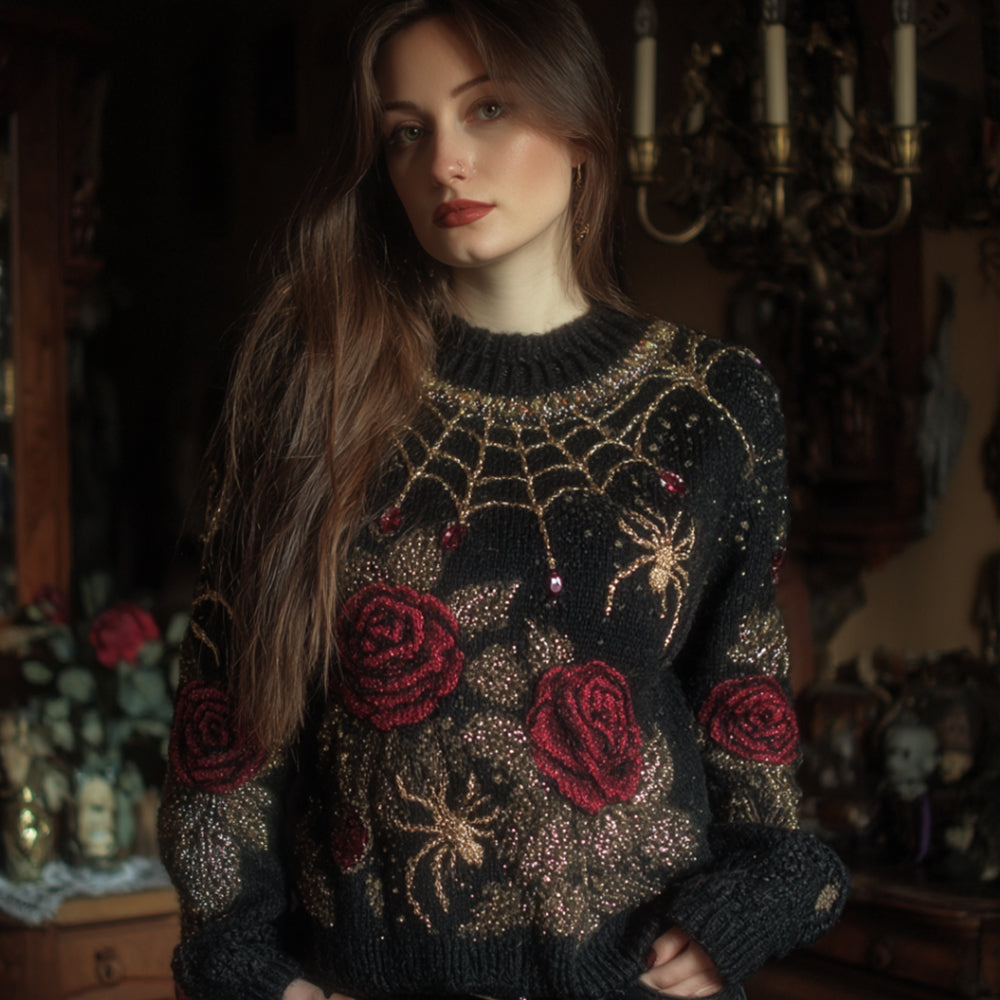 Halloween Antique Spider And Red Rose Vintage Round Neck Sweater elevenforest