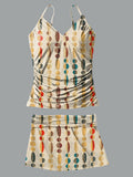 V-Neck Retro Ethnic Geometry Art Print Suspender Skirt Tankini Pantskirt Set Swimsuit