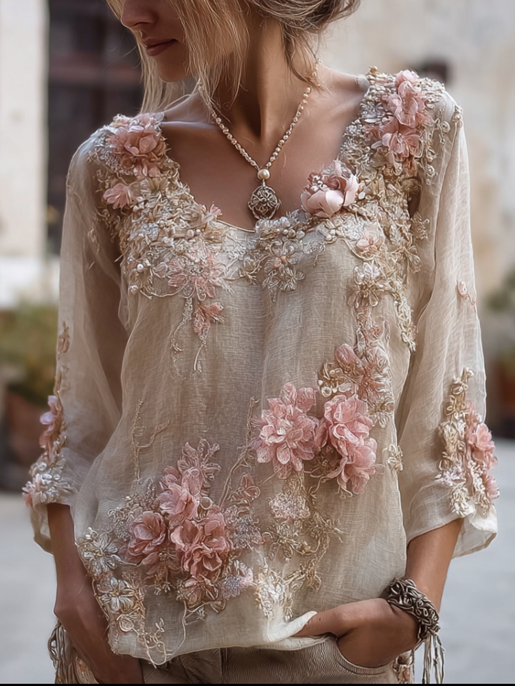 Bohemian Style Round Neck Short Sleeve Three-dimensional Flower Design Women's Thin Top elevenforest