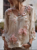 Bohemian Style Round Neck Short Sleeve Three-dimensional Flower Design Women's Thin Top elevenforest