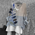 Vintage Floral Art V Neck Linen Blend Blouse elevenforest