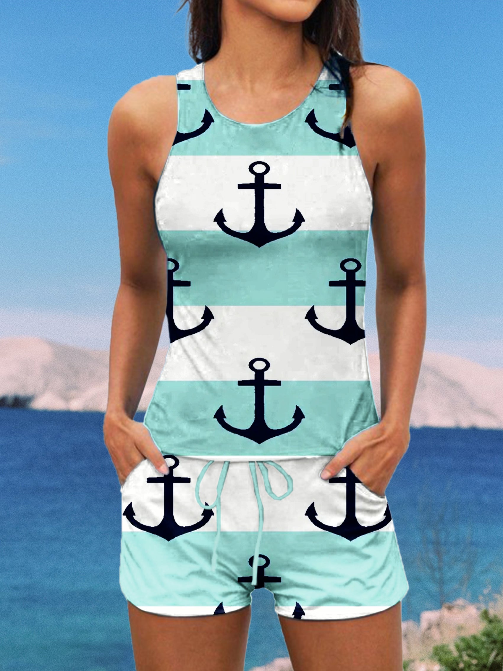 Anchor Print Halter Ruffle Ruched Jacquard Tankini Short Set