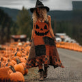 Vintage Halloween Pumpkin Face Patchwork Art Linen Sleeve Dress elevenforest