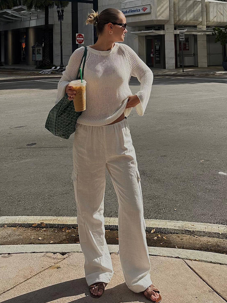 Tossy Knitted Hollow See-though Cover Up Top for Full Sleeve Loose Beach Knitwear Long Sweater Blouse Summer