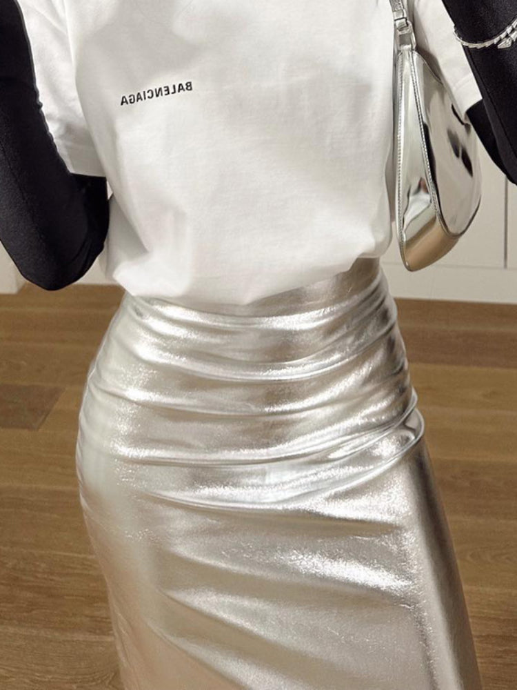 Taruxy Bodycon Silver Pu Skirt for High Waist Slim Long Skirt Female Y2k Slim Slit Midi Skirts Woman