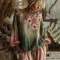 Vintage Cherry Blossom Art Gradient Linen Long Sleeve Shirt elevenforest