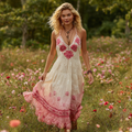 Pink Rose Embroidery V-neck Gradient Suspender Maxi Dress elevenforest