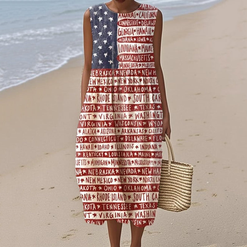 Women's Independence Day Printed Cotton Linen Dress elevenforest
