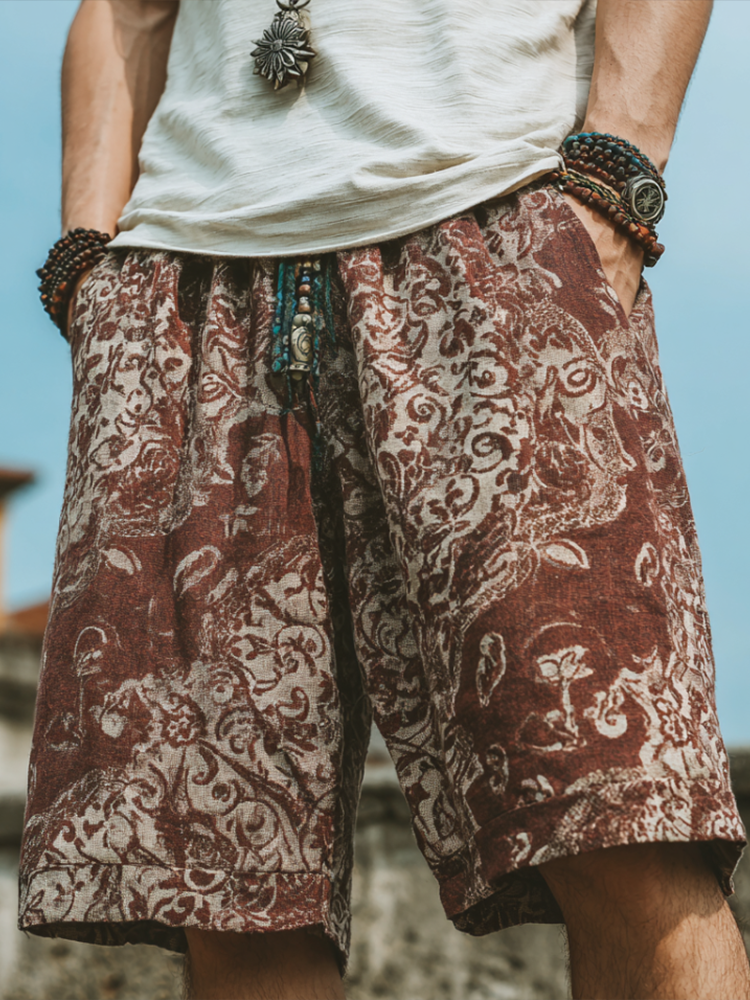 Western Bohemian Style Plant And Flower Pattern Retro Cotton And Linen Loose Wide-leg Shorts elevenforest
