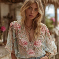 Women's Pink Rose Embroidery Casual V-neck T-shirt elevenforest