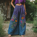Bohemian Holiday Style Linen Bohemian Floral Gradient Print Linen Long Loose Wide-leg Pants elevenforest