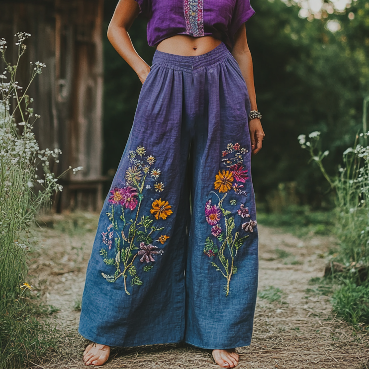 Bohemian Holiday Style Linen Bohemian Floral Gradient Print Linen Long Loose Wide-leg Pants elevenforest