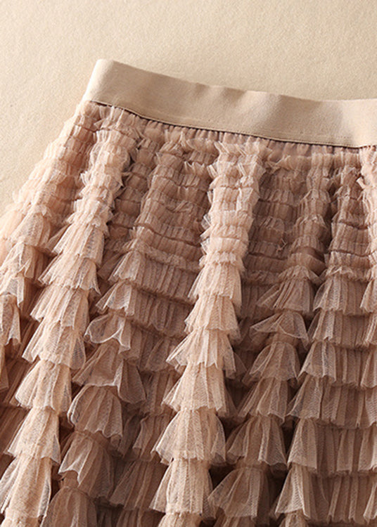 Unique Coffee Apricot Patchwork Wrinkled Tulle Skirts Spring
